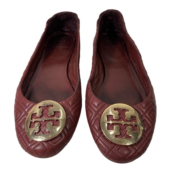 Tory Burch Maroon Quilted Minnie Nappa Leather Travel Ballet Flats Size 10 M - Picture 9 of 10
